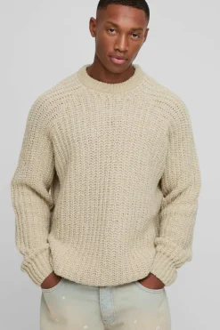 Clearance boohooMAN Oversized Raglan Detail Boucle Knit Jumper stone