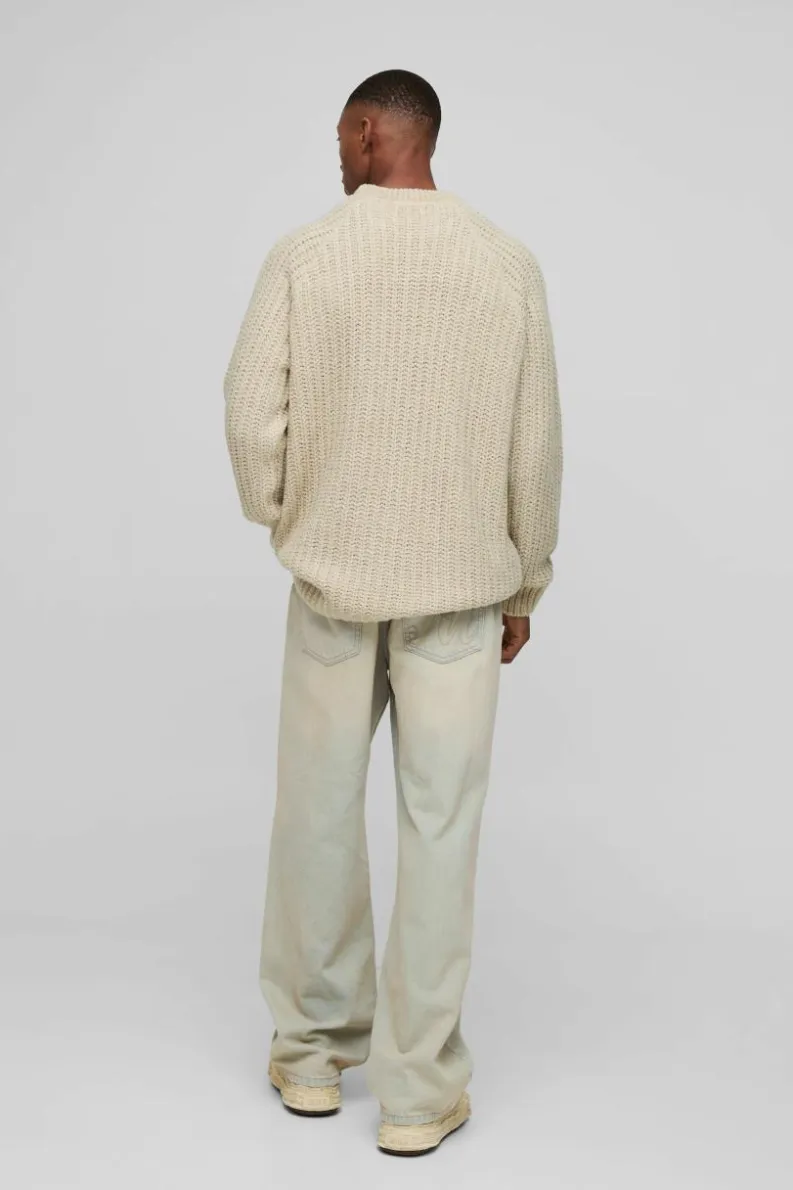 Clearance boohooMAN Oversized Raglan Detail Boucle Knit Jumper stone