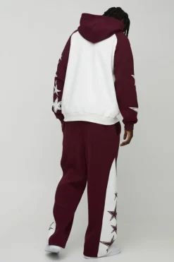 Best Sale boohooMAN Oversized Raglan Homme Star Gusset Zip Through Hooded Tracksuit burgundy