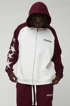 Best Sale boohooMAN Oversized Raglan Homme Star Gusset Zip Through Hooded Tracksuit burgundy