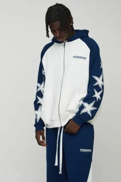 Cheap boohooMAN Oversized Raglan Homme Star Gusset Zip Through Hooded Tracksuit navy