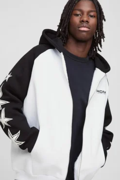 New boohooMAN Oversized Raglan Homme Star Gusset Zip Through Hoodie black
