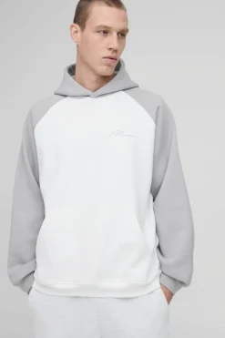 Shop boohooMAN Oversized Raglan MAN Signature Hoodie grey
