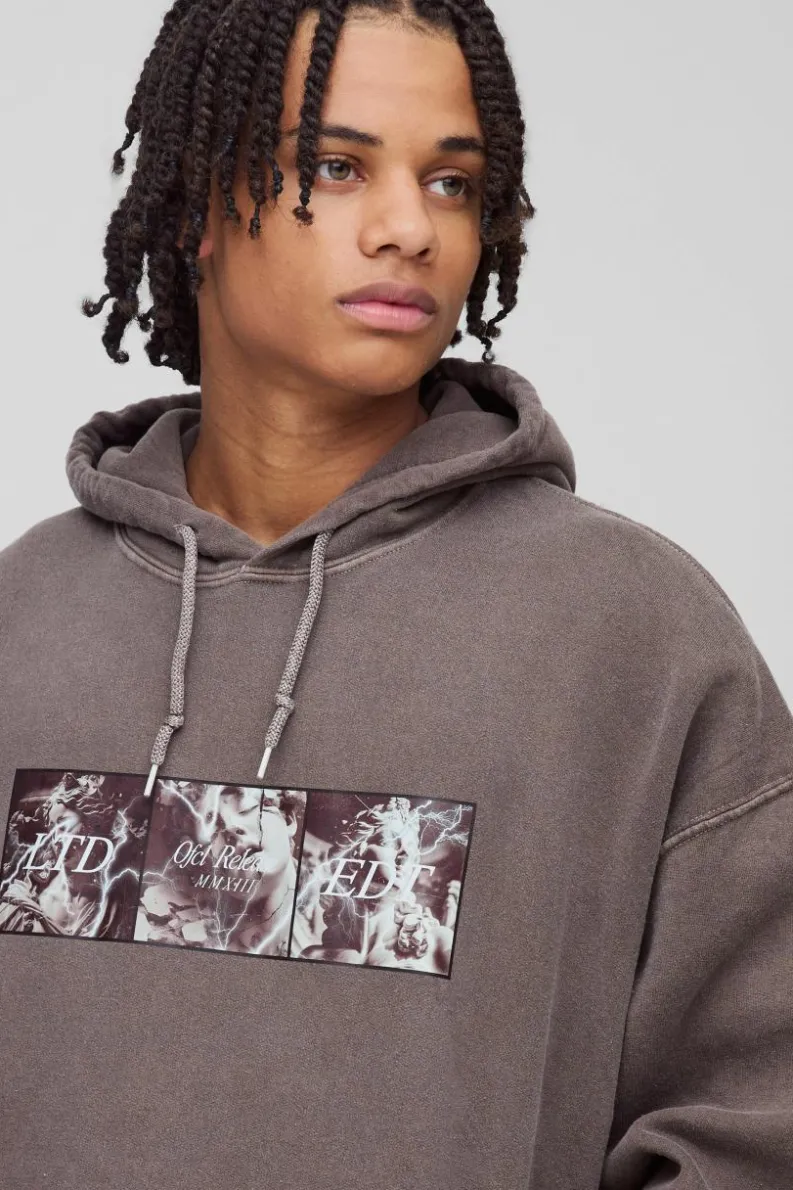 Shop boohooMAN Oversized Renaissance Box Graphic Washed Hoodie dark brown