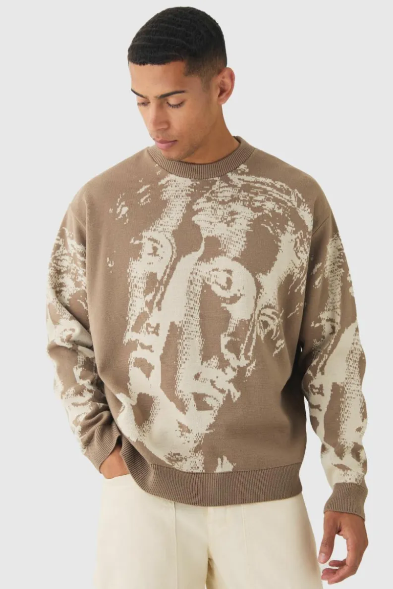 Sale boohooMAN Oversized Renaissance Face Knit Jumper stone