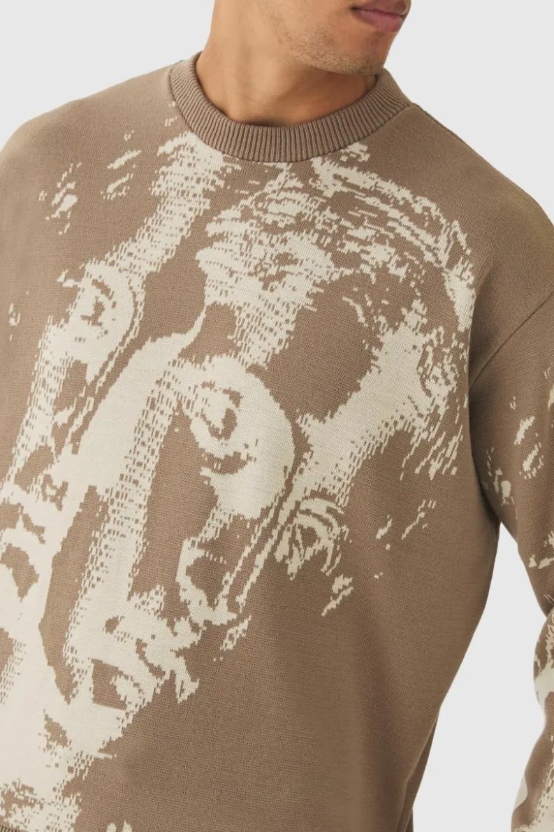 Sale boohooMAN Oversized Renaissance Face Knit Jumper stone