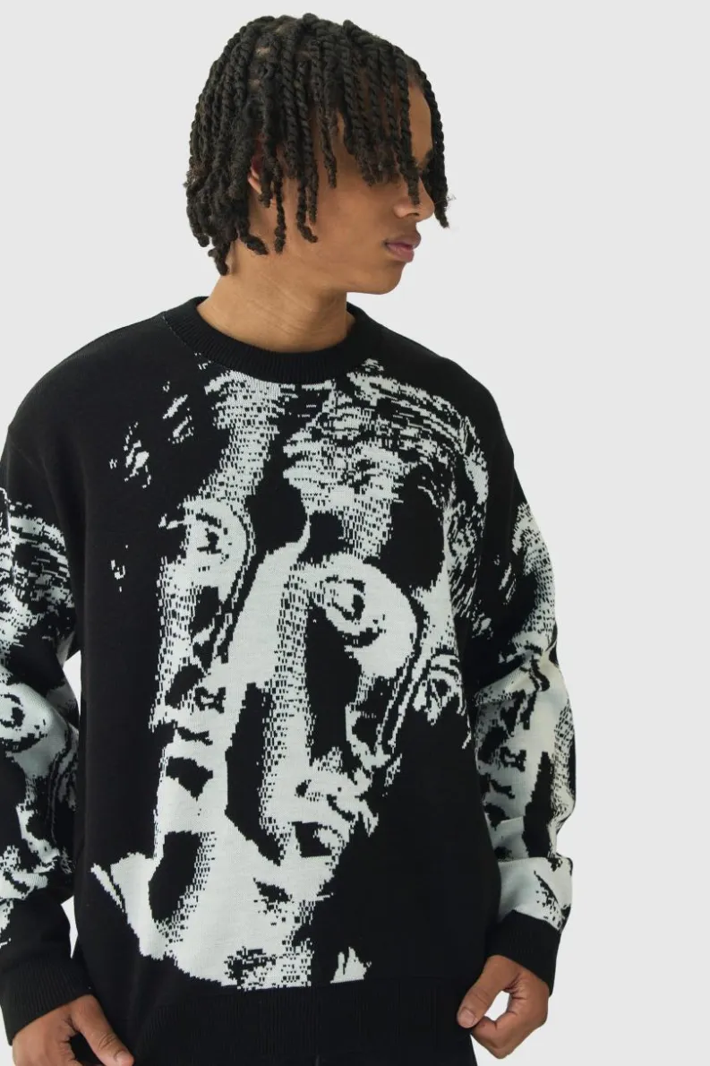 Cheap boohooMAN Oversized Renaissance Face Knit Jumper black