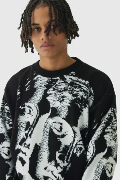 Cheap boohooMAN Oversized Renaissance Face Knit Jumper black