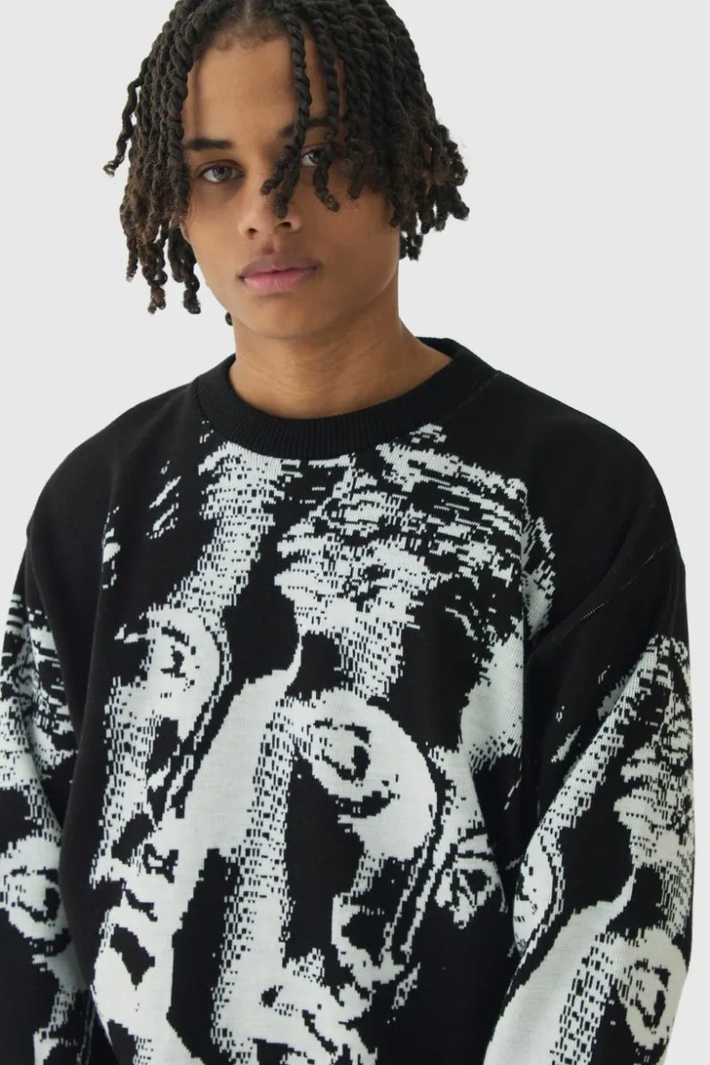 Cheap boohooMAN Oversized Renaissance Face Knit Jumper black