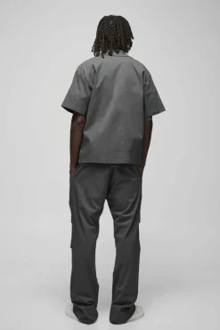 Flash Sale boohooMAN Oversized Revere Bengaline Shirt & Pleated Straight Stacked Trouser Set slate