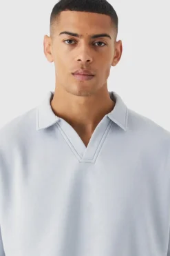 Discount boohooMAN Oversized Revere Neck Rugby Polo light grey