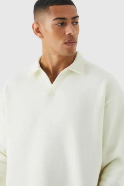 Hot boohooMAN Oversized Revere Neck Rugby Polo ecru