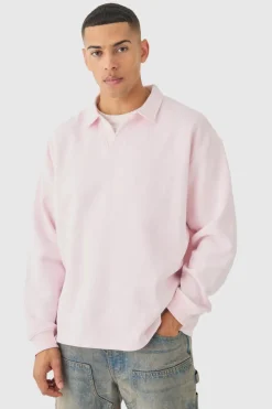 Sale boohooMAN Oversized Revere Neck Rugby Polo light pink
