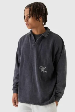 Discount boohooMAN Oversized Revere Washed Embroidered Rugby Sweatshirt Polo charcoal