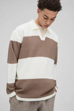 New boohooMAN Oversized Ribbed Colour Block Knitted Polo ecru