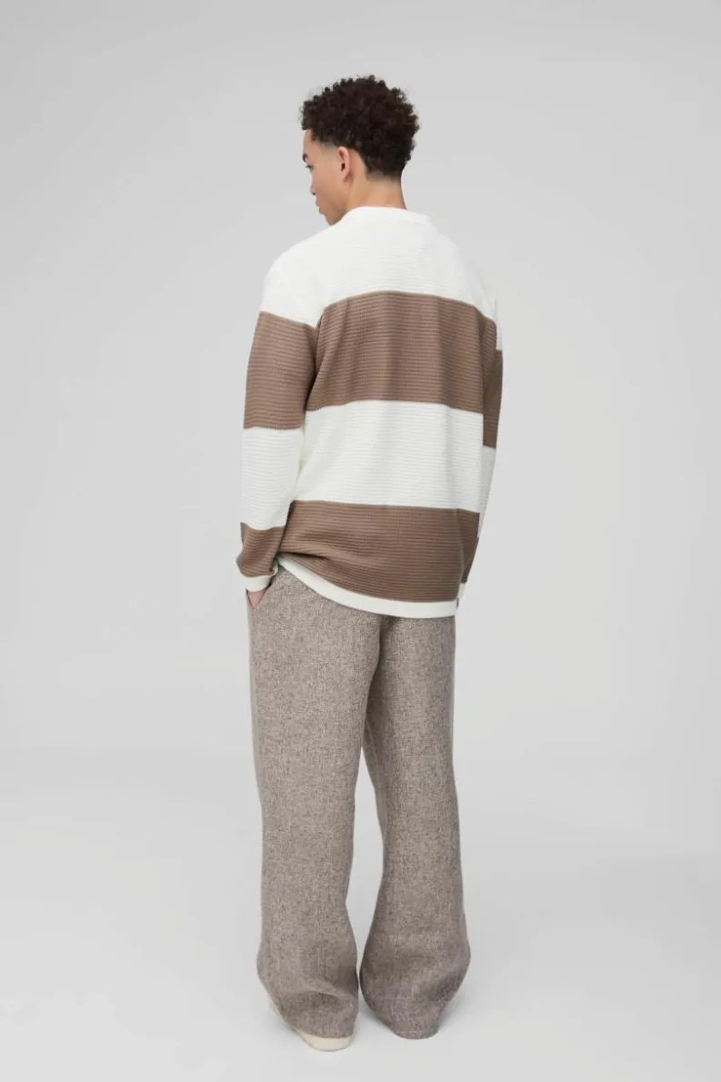 New boohooMAN Oversized Ribbed Colour Block Knitted Polo ecru