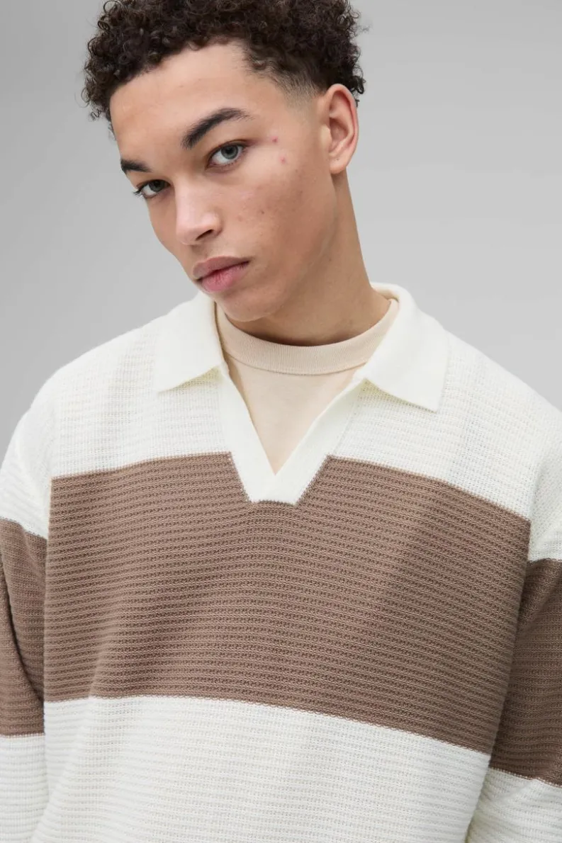 New boohooMAN Oversized Ribbed Colour Block Knitted Polo ecru