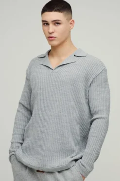 Outlet boohooMAN Oversized Ribbed Revere Knitted Polo grey