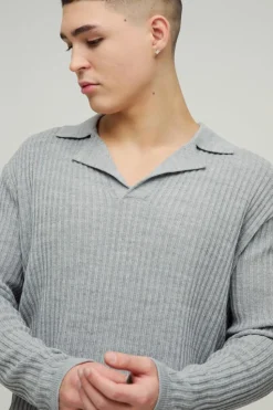 Outlet boohooMAN Oversized Ribbed Revere Knitted Polo grey