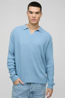 Clearance boohooMAN Oversized Ribbed Revere Neck Knitted Polo light blue