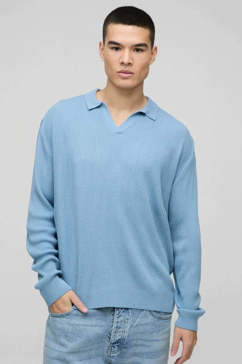 Clearance boohooMAN Oversized Ribbed Revere Neck Knitted Polo light blue