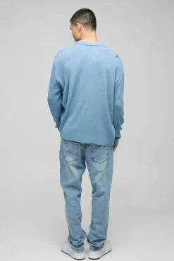 Clearance boohooMAN Oversized Ribbed Revere Neck Knitted Polo light blue