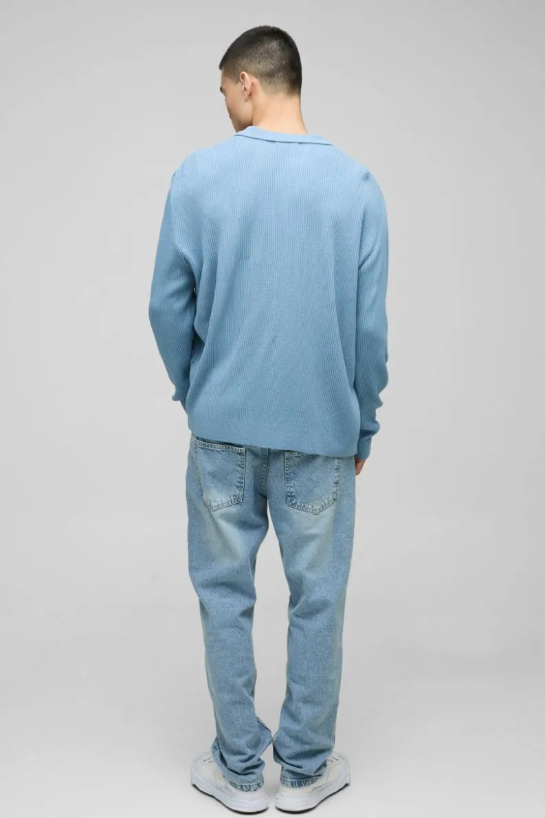 Clearance boohooMAN Oversized Ribbed Revere Neck Knitted Polo light blue