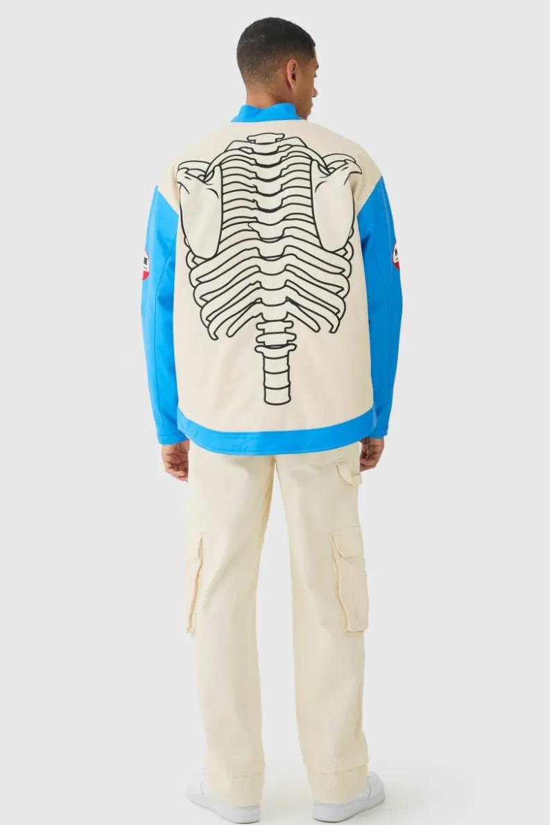 New boohooMAN Oversized Ribcage Applique PU Moto Jacket In blue