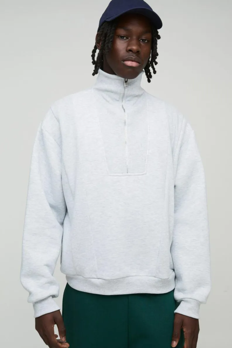 New boohooMAN Oversized Rib Detail Funnel Neck Sweatshirt grey marl
