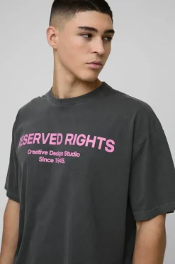 Clearance boohooMAN Oversized Rights Reserved Slogan Washed T-Shirt charcoal
