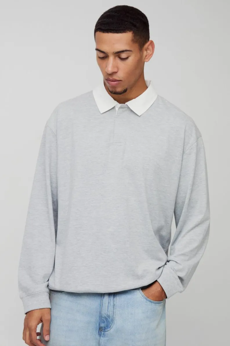 Hot boohooMAN Oversized Rugby Long Sleeve Polo grey marl