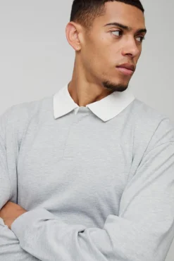 Hot boohooMAN Oversized Rugby Long Sleeve Polo grey marl