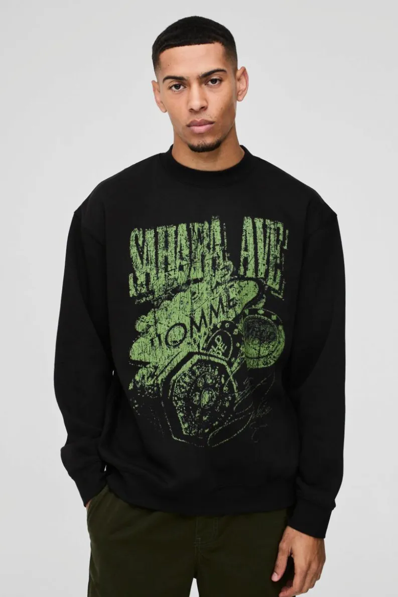 Clearance boohooMAN Oversized Sahara Ave Western Graphic Sweatshirt black