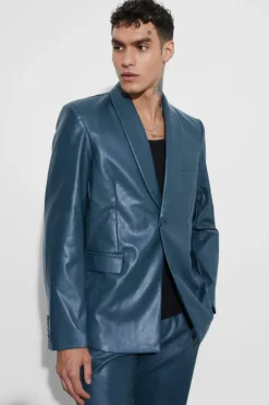 Hot boohooMAN Oversized Shawl Collar Pu Blazer teal