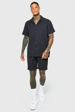 Discount boohooMAN Oversized Short Sleeve Pleated Shirt And Short black