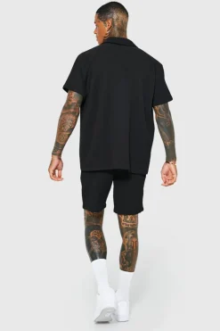 Discount boohooMAN Oversized Short Sleeve Pleated Shirt And Short black