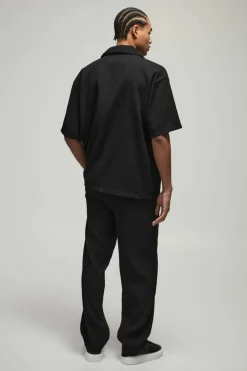 Shop boohooMAN Oversized Short Sleeve Pleated Shirt & Relaxed Fit Trouser black