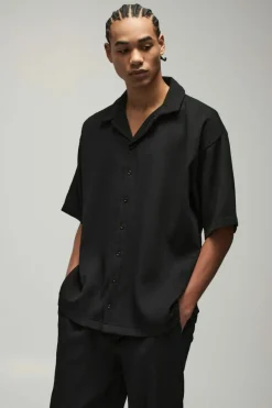 Shop boohooMAN Oversized Short Sleeve Pleated Shirt & Relaxed Fit Trouser black