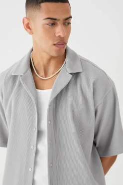 Fashion boohooMAN Oversized Short Sleeve Pleated Shirt And Short Set grey