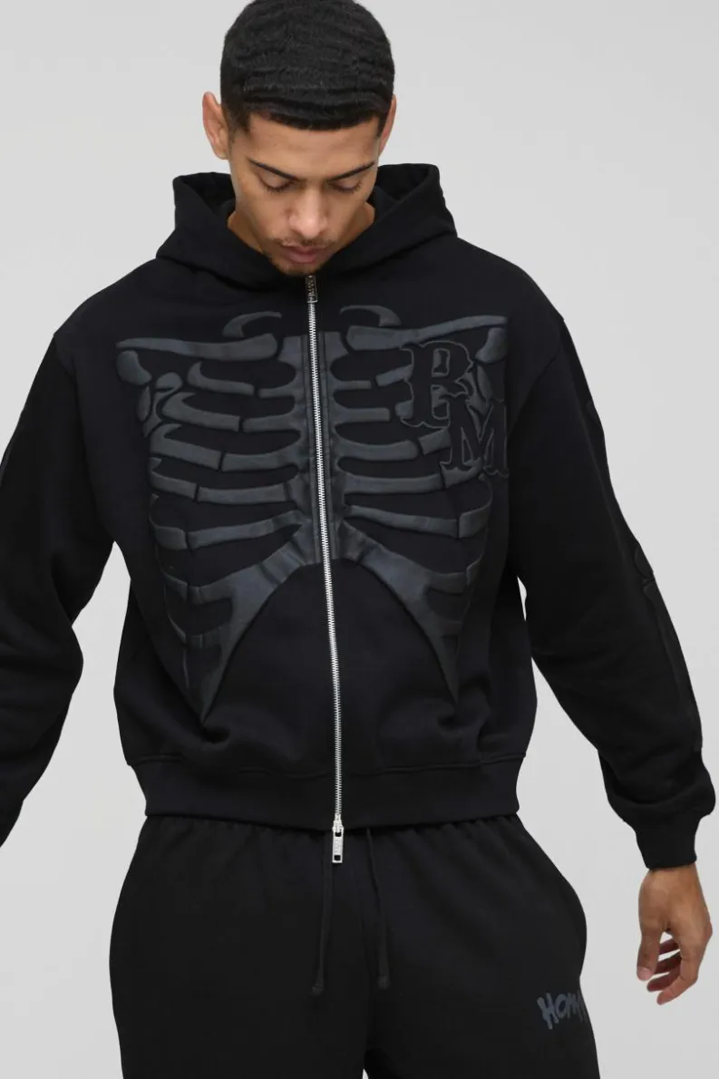 Best boohooMAN Oversized Skeleton Puff Print Zip Through Hoodie black