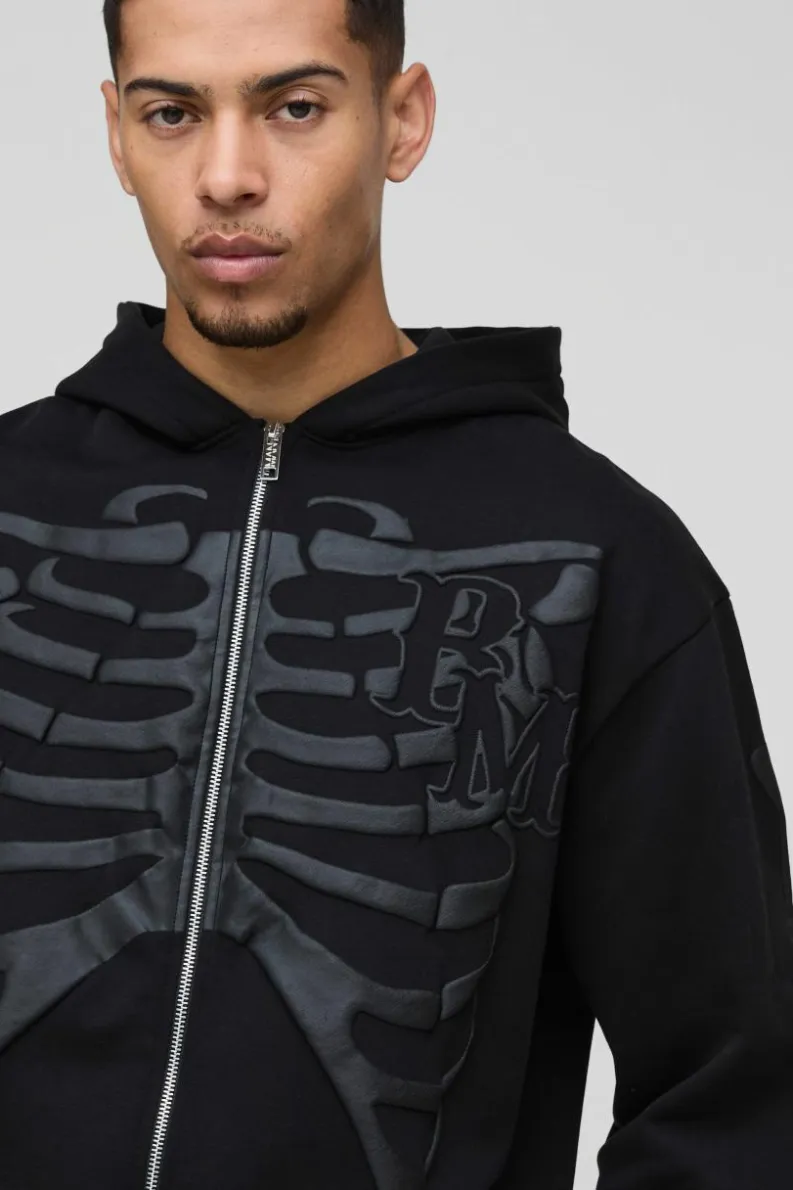Best boohooMAN Oversized Skeleton Puff Print Zip Through Hoodie black