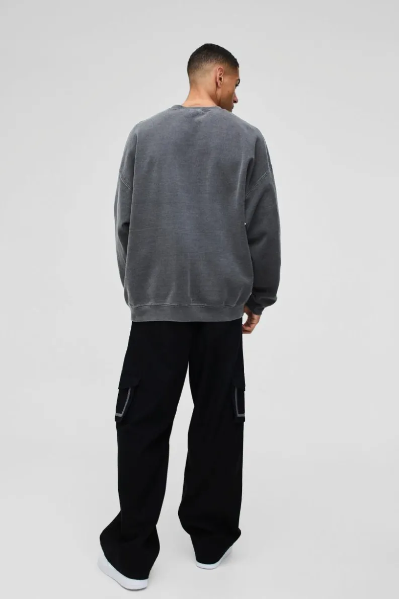 Sale boohooMAN Oversized Sky Box Graphic Washed Sweatshirt charcoal