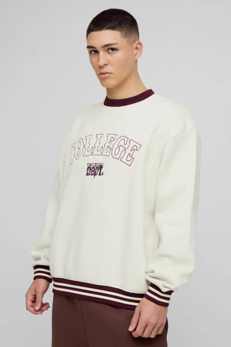 Fashion boohooMAN Oversized Slogan Varsity 3D Embroidery Crew Neck Sweatshirt ecru