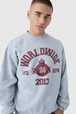 Cheap boohooMAN Oversized Slogan Varsity Print Crew Neck Sweatshirt grey marl