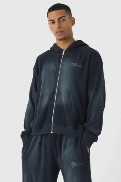 Shop boohooMAN Oversized Spray Wash Heavy Waffle Embroidered Zip Through Hooded Tracksuit black