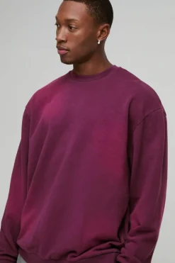 Clearance boohooMAN Oversized Spray Wash Sweatshirt burgundy