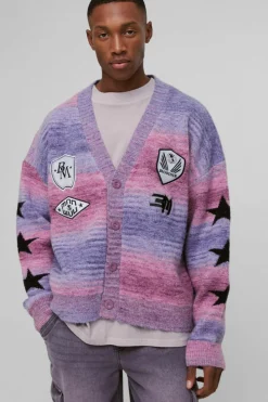 Cheap boohooMAN Oversized Stripe Brushed Moto Knitted Cardigan pink
