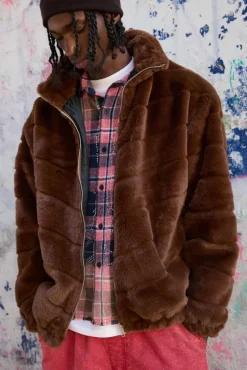 Best Sale boohooMAN Oversized Striped Faux Fur Funnel Neck Jacket In brown