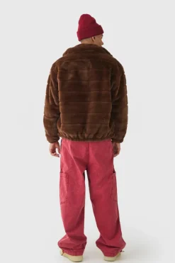 Best Sale boohooMAN Oversized Striped Faux Fur Funnel Neck Jacket In brown
