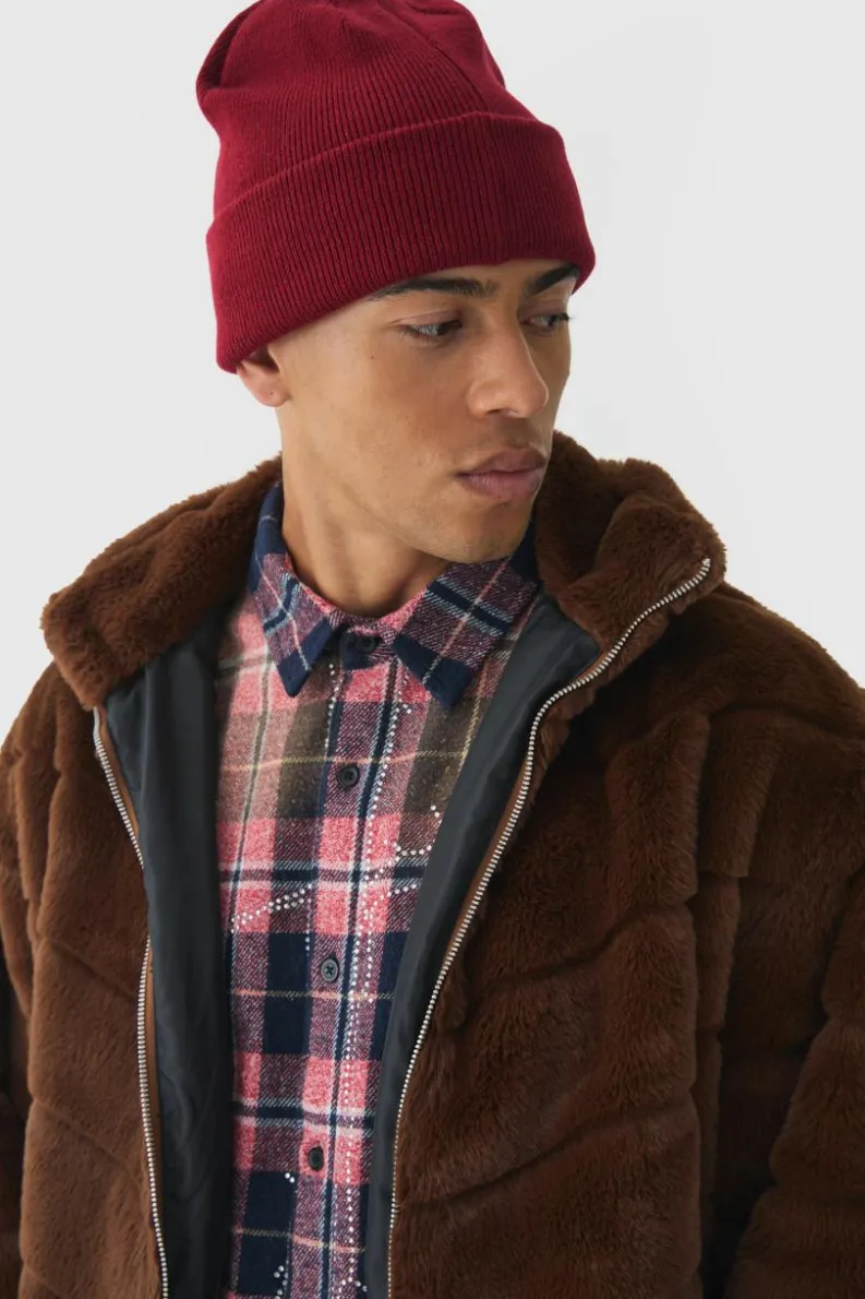 Best Sale boohooMAN Oversized Striped Faux Fur Funnel Neck Jacket In brown